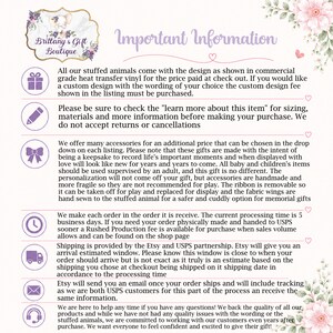 May include: A white informational graphic for Brittany's Gift Boutique featuring purple icons including a gift, pencil, bow, clock, truck, envelope, and headset. The text outlines policies regarding custom designs, processing times, and shipping.