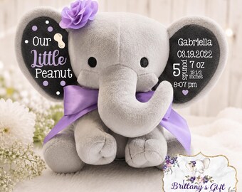 May include: A grey plush elephant toy with a purple satin ribbon and a purple fabric flower on its head. The ears feature printed text: Our Little Peanut, Gabriella, 03.19.2022, 5 pounds 7 oz, 19 1/2 inches, and 8:07 pm, with a peanut and heart icon.