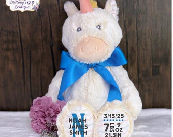 Unicorn Birth Stats Stuffed Animal, Personalized Plush Unicorn Birth Announcement, Custom Plush Newborn Baby Boy Girl, New Baby Keepsake