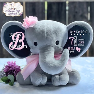 Birth Announcement, Stuffed Animal, Memory Bear, Elephant, Newborn Present, Newborn Gift, Baby Shower, Baby Gift, Baby Present, Baby Girl