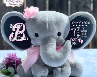 Birth Announcement, Stuffed Animal, Memory Bear, Elephant, Newborn Present, Newborn Gift, Baby Shower, Baby Gift, Baby Present, Baby Girl