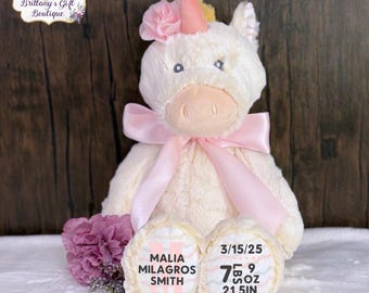 Unicorn Birth Stats Stuffed Animal, Personalized Plush Unicorn Birth Announcement, Custom Plush Newborn Baby Boy Girl, New Baby Keepsake