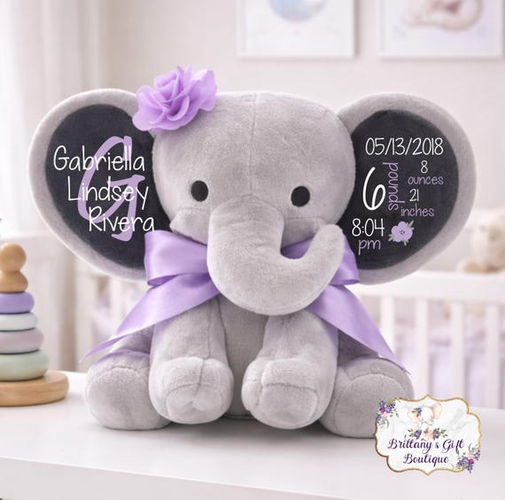 Birth Announcement, Stuffed Animal, Memory Bear, Elephant, Newborn Present, Newborn Gift, Baby Shower, Baby Gift, Baby Present, Baby Girl