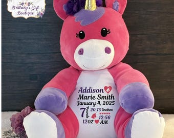 Unicorn Stuffed Animal, Birth Sats Plush, Girl Baby Shower Gift, New Baby Girl, Unicorn, Nursery Decor, Personalized Plush