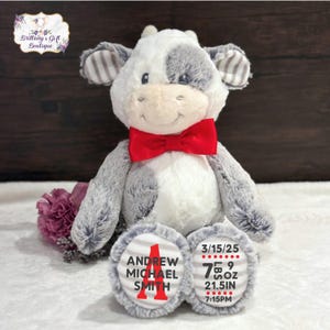 Personalized Cow Birth Announcement Memory Bear: Farm Nursery Decor