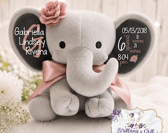 Birth Announcement, Stuffed Animal, Memory Bear, Elephant, Newborn Present, Newborn Gift, Baby Shower, Baby Gift, Baby Present, Baby Girl