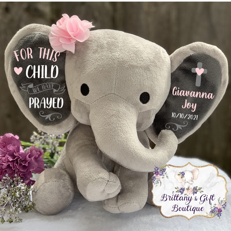 Personalized Baptism gift, girl baptism gift, baptism keepsake, girl keepsake, stuffed elephant, stuffed elephant, dedication gift image 5