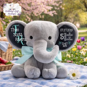 Puede incluir: Un elefante de peluche gris con un lazo azul claro. Las orejas del elefante tienen el texto "Theo Scott Rivera" y "07.27.2019, 2,27 kg, 50.8 cm, 2:47 am". El elefante est&aacute; sentado sobre una manta a cuadros azul y blanco.