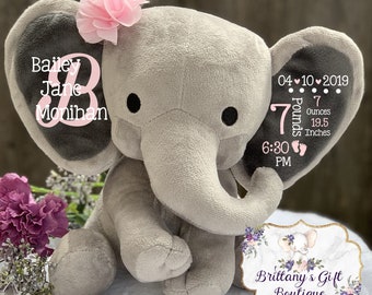 Birth Announcement, Stuffed Animal, Memory Bear, Elephant, Newborn Present, Newborn Gift, Baby Shower, Baby Gift, Baby Present, Baby Girl