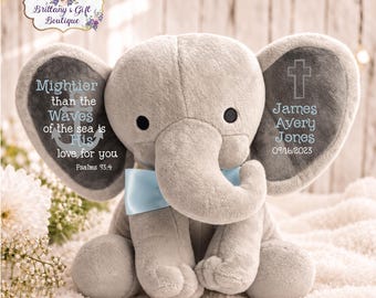 Baptism gift, boy baptism gift, baptism keepsake, boy keepsake, stuffed animal, personalized stuffed elephant, baby gift, dedication gift