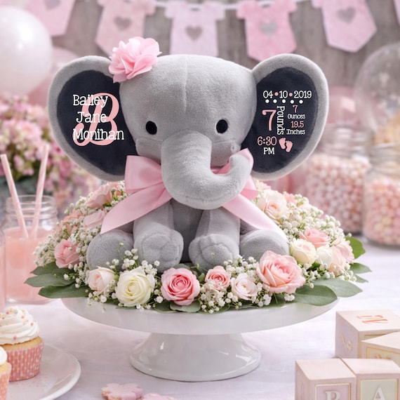 Birth Announcement, Stuffed Animal, Memory Bear, Elephant, Newborn Present, Newborn Gift, Baby Shower, Baby Gift, Baby Present, Baby Girl