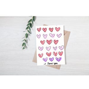 Je t'aime carte - coeurs dessinés à la main - téléchargement immédiat 5 x 7 - imprimable fête des mères