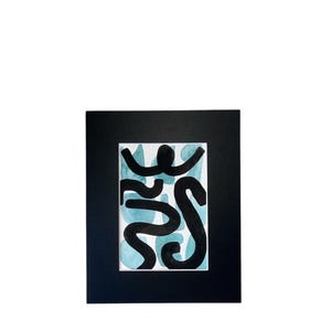 Modern Abstract Ink Art – 8x10 Black & Blue-Green Painting – Minimalist Line Artwork – Matted Wall Decor – Original Hand-Painted Gift