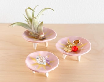 Tiny tripod trinket dish, handmade ceramics, pink and yellow star design, pottery gift, home desk decor, jewelry ring cup, air plant holder