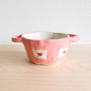 Small bowl with handles, handmade ceramic, pink and red heart, glossy glaze, cute fun quirky, pinch pot, candy dessert dish, salsa dip snack