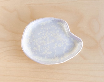 Small jewelry dish, handmade ceramic, pastel purple cream, glossy pottery, trinket ring catchall, home desk decor, unique decorative gift