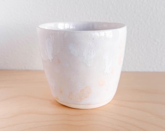 Small 10 oz cup, handmade ceramic, light subtle pastel color, spotted glossy glaze, modern tumbler drinkware, porcelain clay, unique pottery