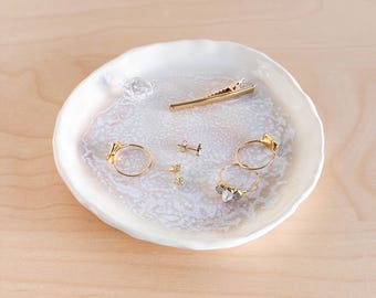 Small jewelry dish, handmade ceramics, light pastel pink, pinch pottery, desk accessories, small snack plate, unique glaze, cute home decor