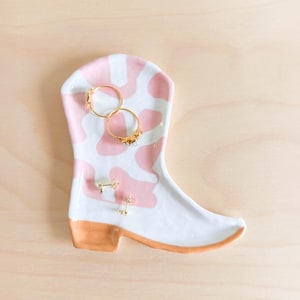 Small jewelry dish, cowboy boot, pink white cow print, handmade ceramic, glossy pottery, fun quirky cute decor, jewelry ring trinket holder
