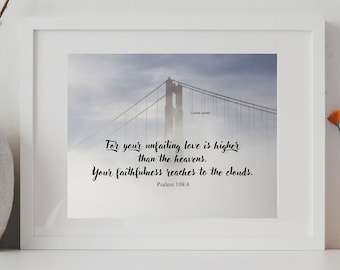 Foggy Golden Gate Bridge Druck, Psalmen 108 Schrift (digitaler Download)