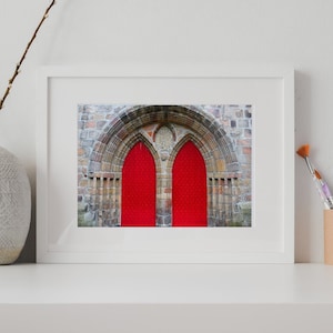 Red Doors at Cathedral Church of St. Machar Wall Art, Digital Print, Scotland, Red Cathedral Doors at Church, Archway, Stonewall, Red, Doors