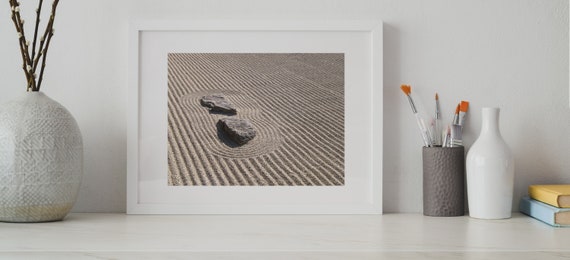 Japanese Rock Garden Wall Art, Digital Print, Tranquility, Zen Garden, White pebbles with large rocks, Garden Art, Wall Print, Wall Hanging