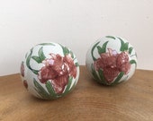 Pair 2 Vintage Hand Painted Porcelain Decorative Balls, Spheres - Oriental, Asian Style, Dusky Pink Iris Flowers