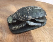 Vintage Pierced, Carved Green Stone, Alabaster Egyptian Scarab Beetle Curio, Figurine, Paperweight, with etched Hieroglyphics