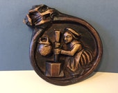Oakapple Designs, England Medieval Style Wall Plaque, Roundel -Replica Church Carving, Lady with Butter Churn, Faux Wood