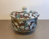 Vintage Oriental Japanese Pottery Tea Bowl, Cup with Lid, Cover - Marked, Satsuma Fine crackle glaze, russet, white flowers, gilded detail