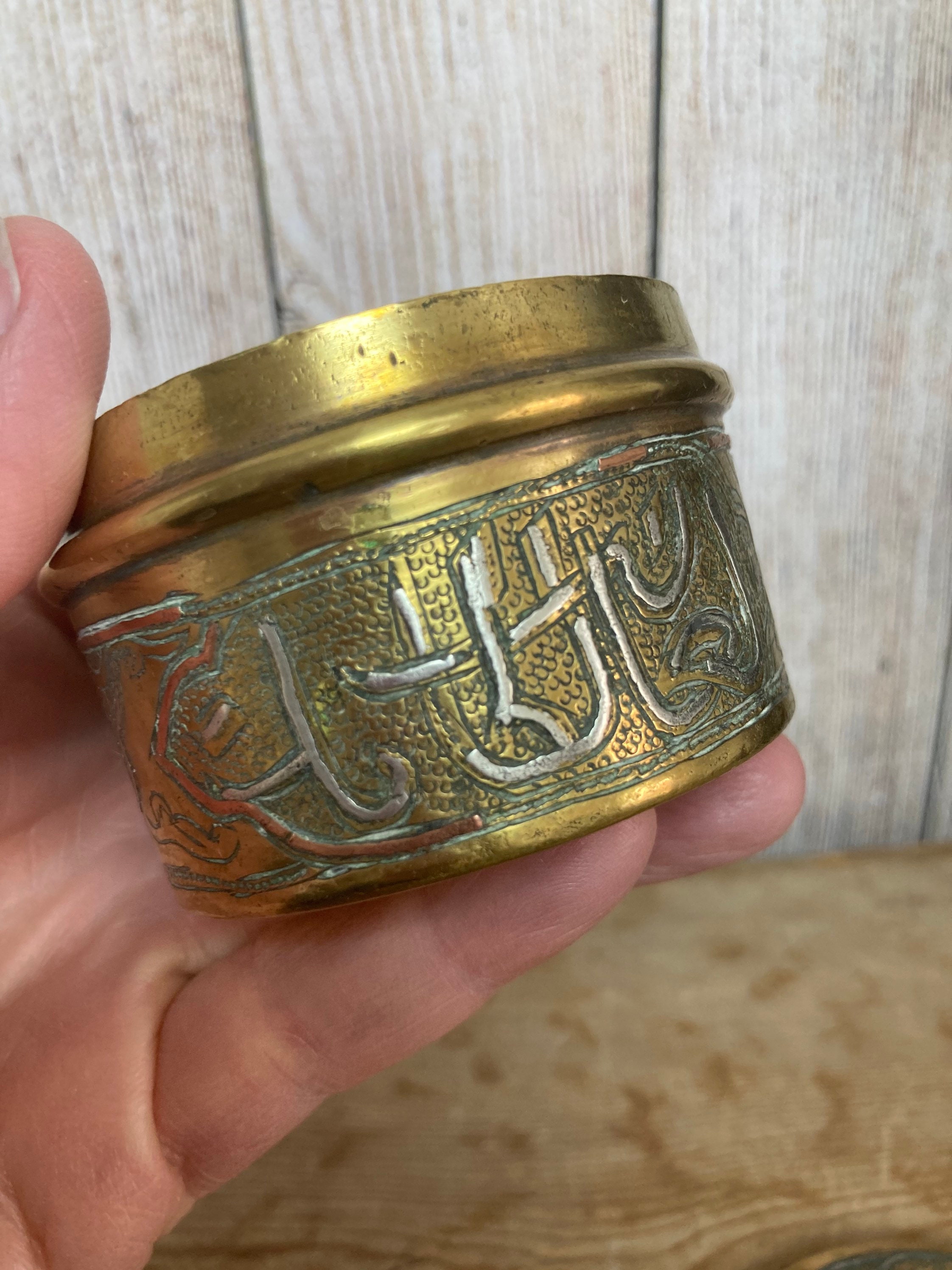 Vintage Cairo Ware Circular Brass Trinket Box, Inlaid Silver Vintage Cairo Ware Circular Brass Trinket Box, Inlaid Silver