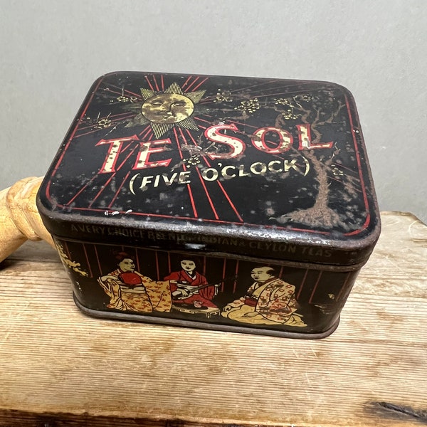 Vintage Te Sol Spanish Tea Tin, ‘5 O’Clock’, Chinoiserie Litho Print