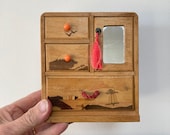 Vintage Miniature Japanese Wooden Cabinet, Marquetry Inlay, Drawers and Cupboard, Mt Fuji, Lake Scene