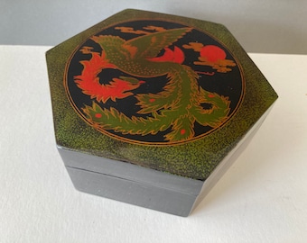 Vintage Chinese Lacquered Papier Mache Box, Hexagonal, Phoenix Bird in Green,  Red, Gold