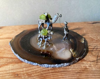Vintage Agate Slice Diorama, Curio- Miniature Silver Metal Camel, Prospector Figures with Green Peridot Gemstone