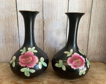Pair Vintage, Antique Vases, Pink Flowers and Green Leaves on Black Ground,