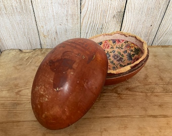 Antique Victorian Japanese Papier Mache Lacquer ‘Egg’ Trinket Box, Floral Paper Lining, Chestnut Brown Exterior