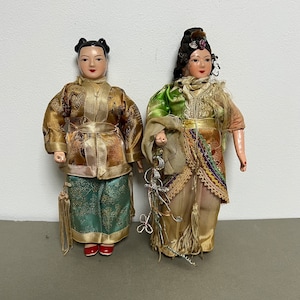 Vintage Pair Oriental Composition Dolls, Ornate Costumes, Chinese Opera Figures?