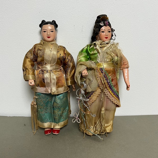 Poupées de composition orientale vintage, costumes ornés, figurines d’opéra chinois?