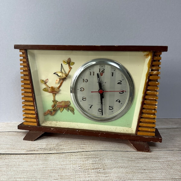 Vintage Mid Century Chinese ‘Helm’ Mechanical Alarm Clock, Carved Shell Bird & Blossom, Good Working Order