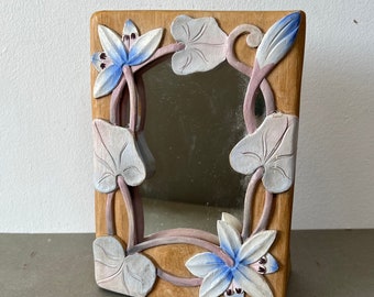 Carved Wooden Waterlily, Lotus Flower Frame Small Mirror, Free Standing, Decorative or For Vanity, Dressing Table