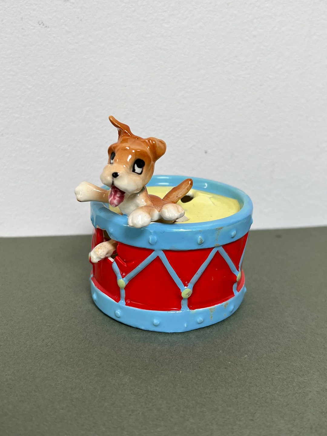 Vintage Cute Puppy Dog in a Drum Figurine Etsy