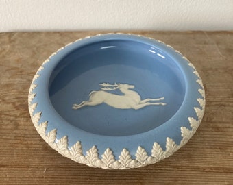 Vintage Dudson Hanley Blue and White Jasper Ware Trinket Tray, Ring Dish, Leaping Stag, Deer