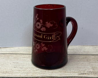 Antique Victorian Right by Red Flashed Glass Mug, Etched to Clear ‘For a Good Girl’
