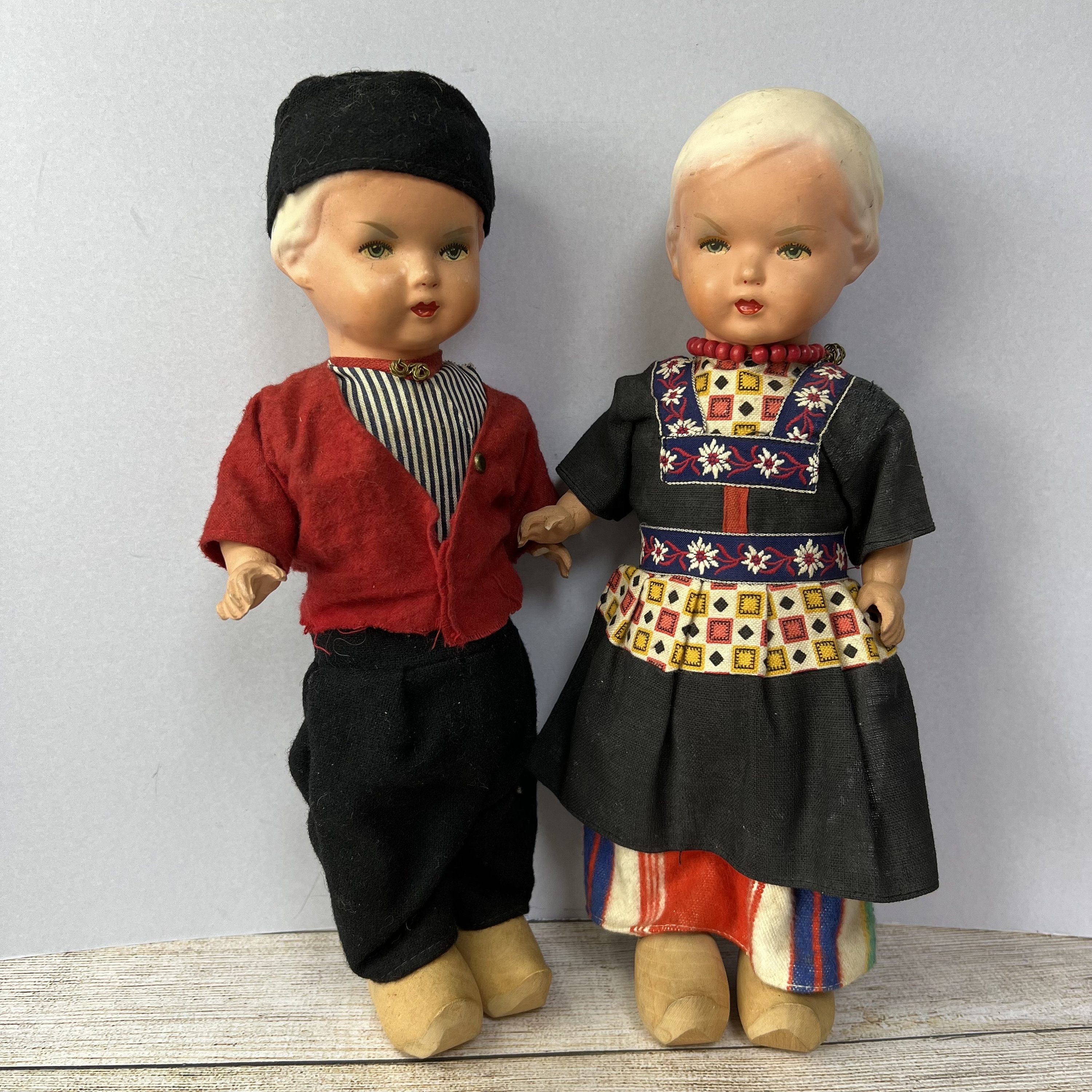 Pair Vintage Dutch Dolls, Composition, VH Rozetta, for America