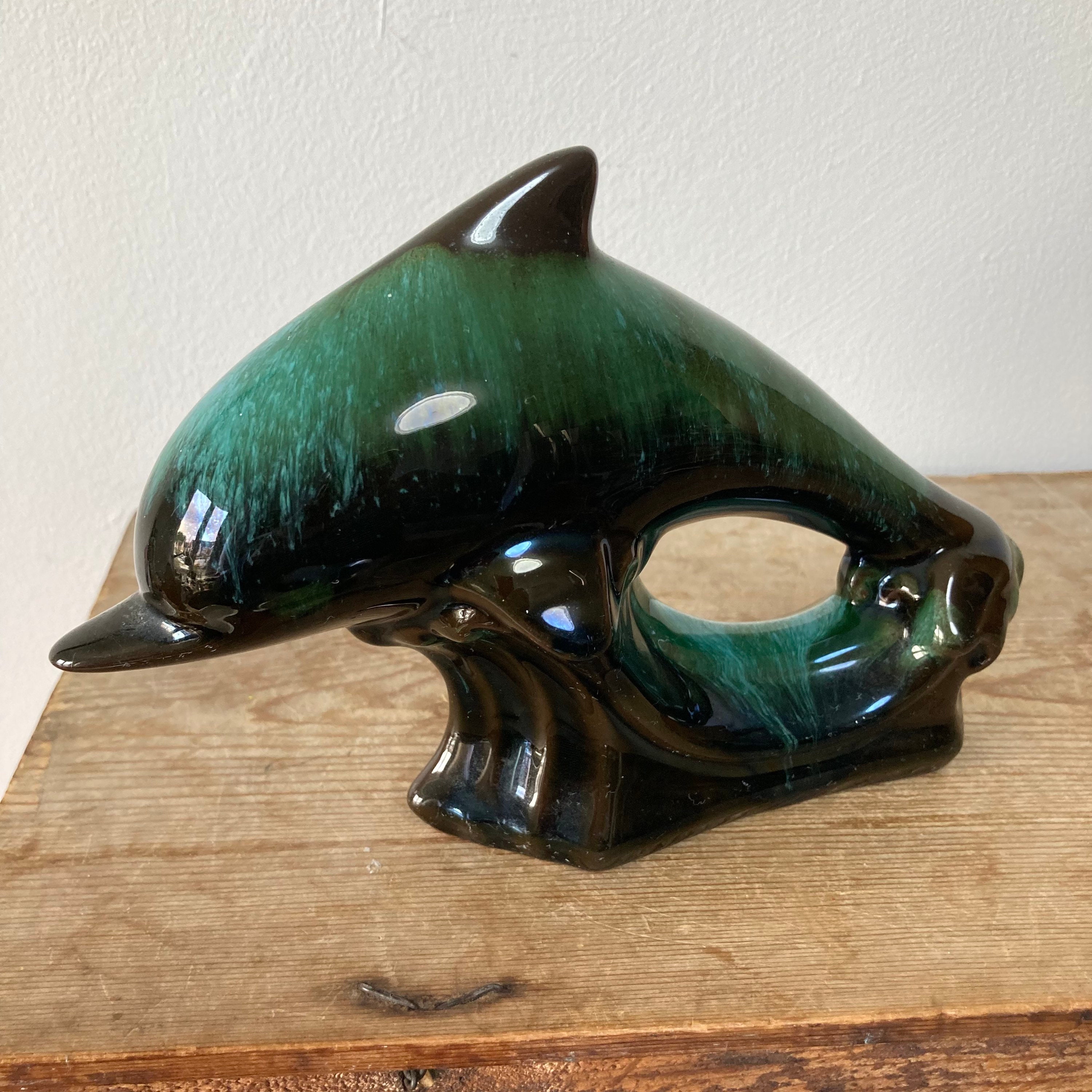 Vintage Blue Mountain Pottery Leaping Dolphin Figurine, Blue Green