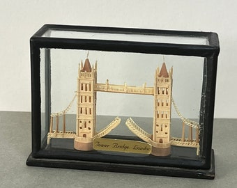 Vintage Carved Cork Model of Tower Bridge, London, in Glass Display Case, ‘Cork Creations’ Architectural Model