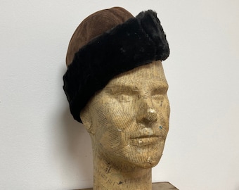Vintage Failsworth Warm Hat, Forage Cap, Suede Leather, Faux Fur, Quilted Lining, Size ‘L’