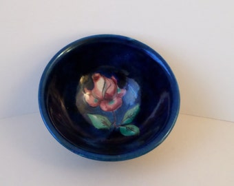 Vintage Hindelanger Keramik German Art Pottery Small Bowl, Trinket or Ring Dish - Teal Blue - Green, Red Rose