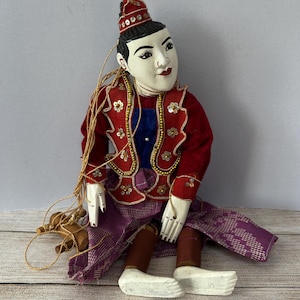 Vintage Wooden Marionette String Puppet, Myanmar, Burmese Folk Art , Lady, Princess, Ornate Costume